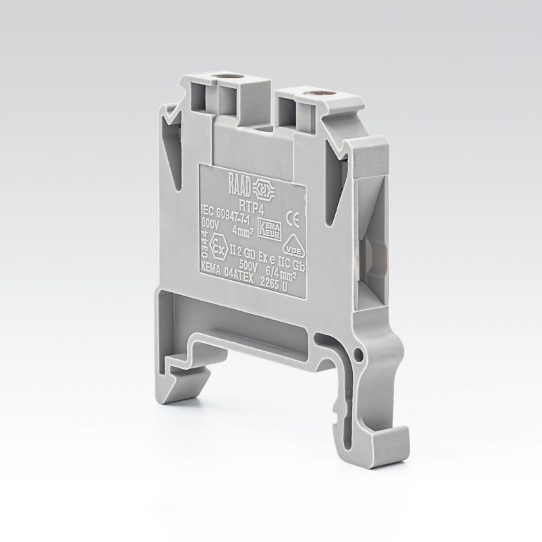 ترمینال ریلی رعد RTP4 سایز ۴ با بدنه پلی‌آمید و پیچ فلزی